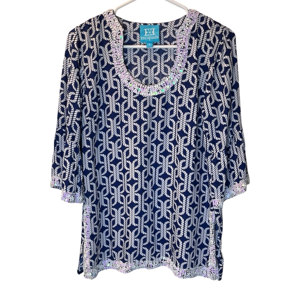 Escapada Sequin Beaded Navy blue white nautical bell sleeve top small